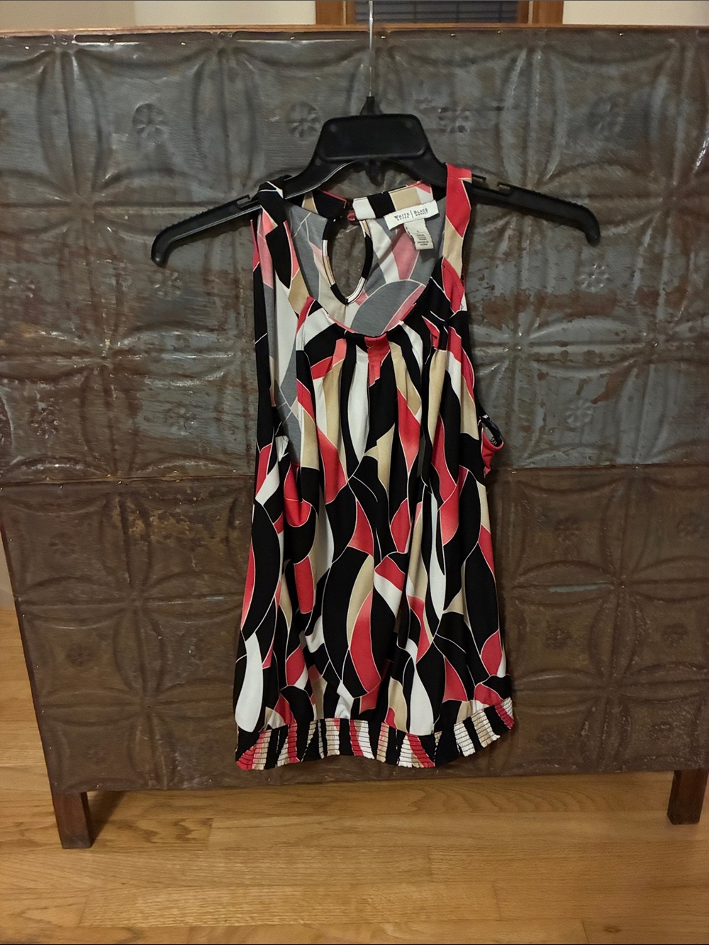 White House Black Market Red Black Cream Printed Halter Top